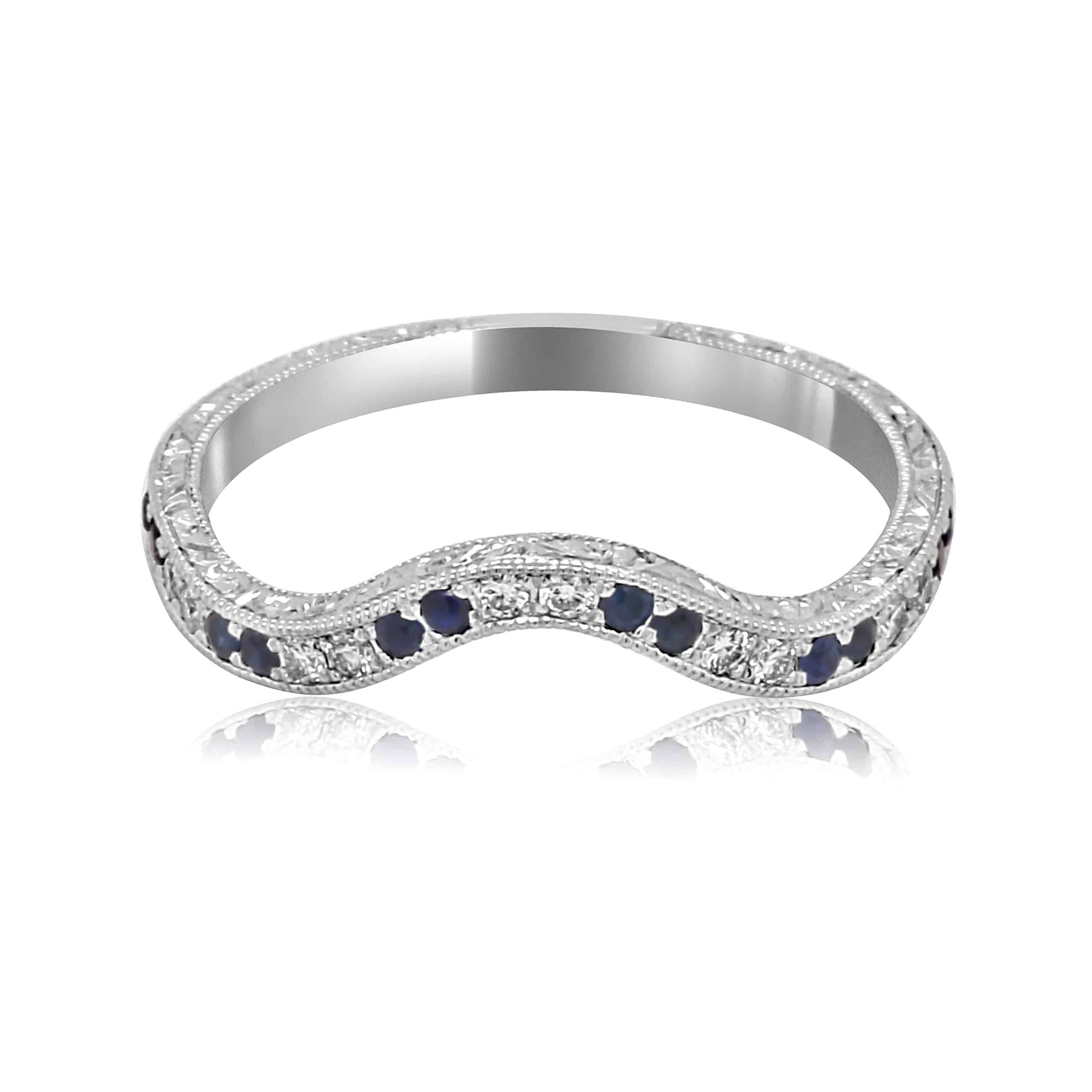 Hand-engraved diamond and blue sapphire ring guard in 14K white gold with vintage milgrain detailing.